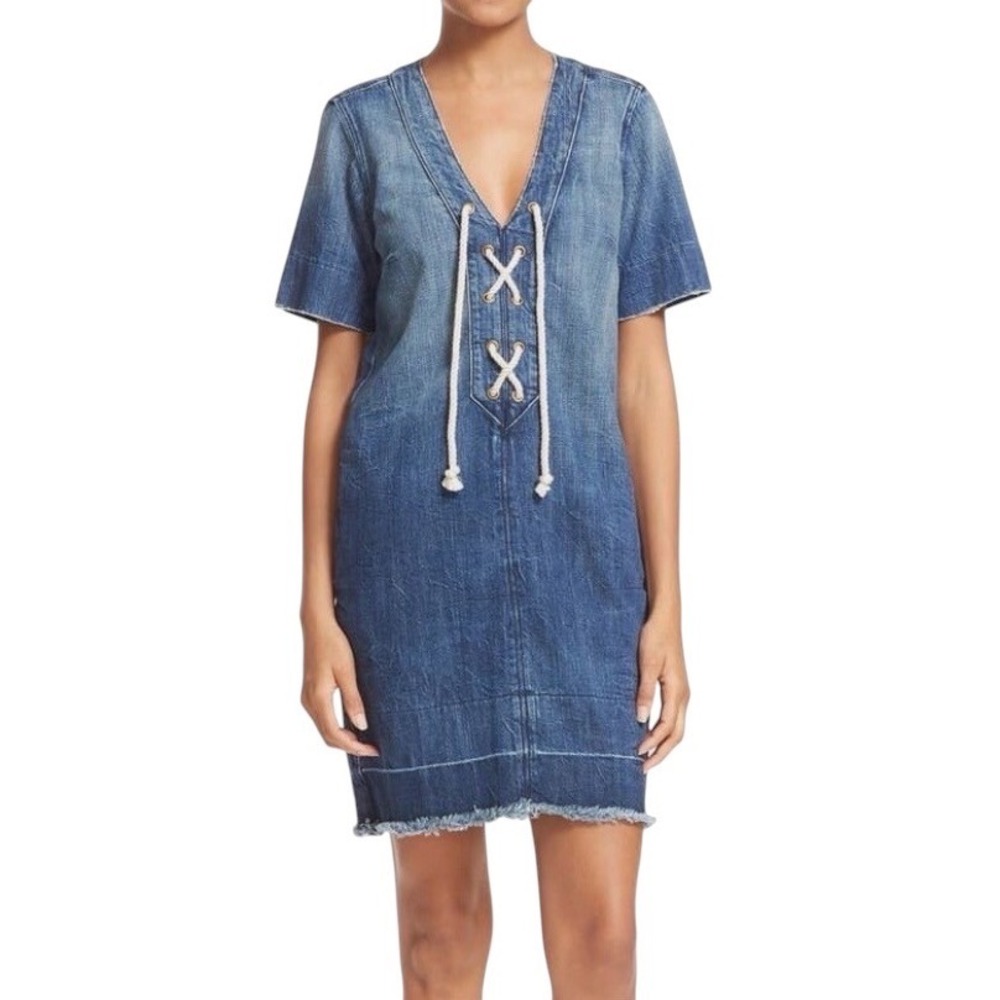 Mark. Denim Lace Up Rope V-Neck Shift Dress Frayed Hem Coastal Nautical Boho XXL